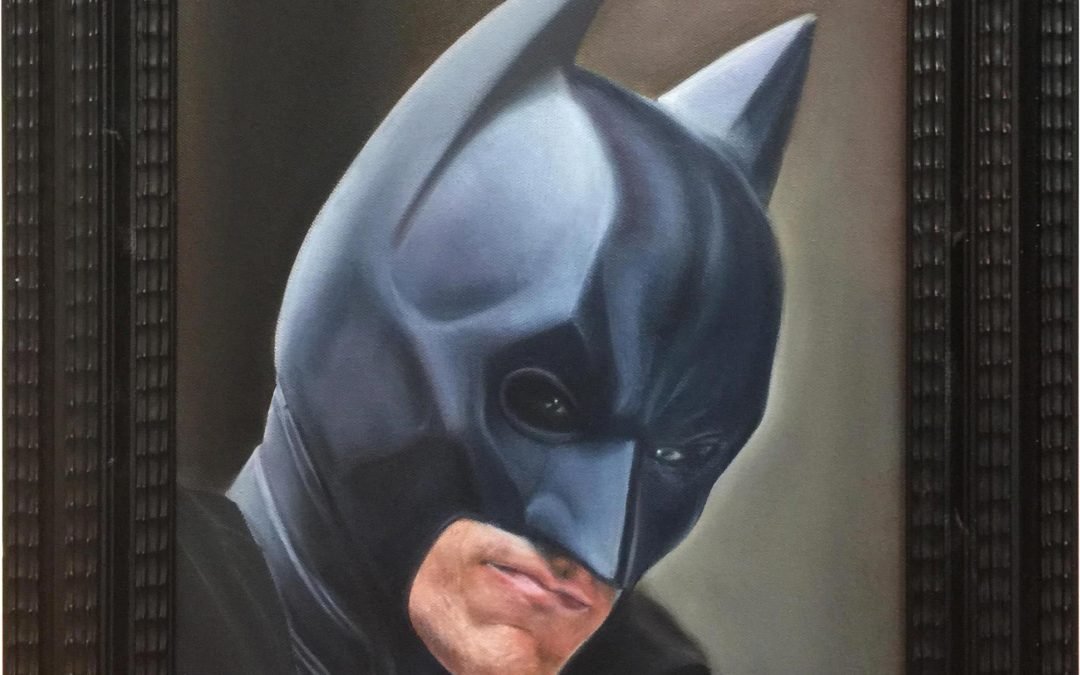 Batman painted with oil on canvas. This is framed in a Bellini Dutch Ripple frame. Dutch Ripple is a seventeenth century inspired design with ebony coloured ripple patterns.