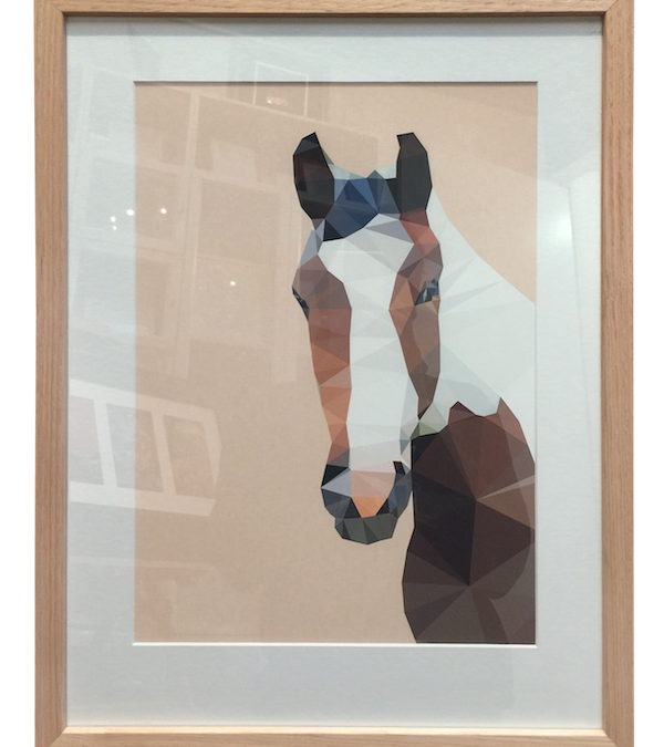 This is a giclee horse print framed in a Tasmanian oak frame with a mat board surround.