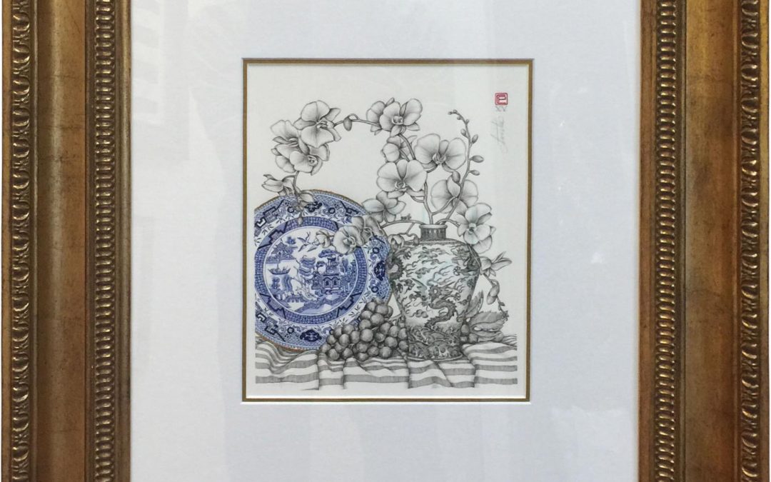 A small pen and ink by Patrick Christie framed in a traditional Bellini frame.