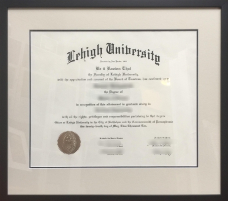 A Lehigh University degree framed with double mat boards in a black matte frame.
