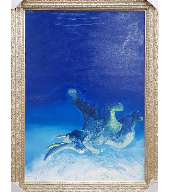 An original oil painting of the underwater world that has been stretched and framed in a Bellini silver époque frame.