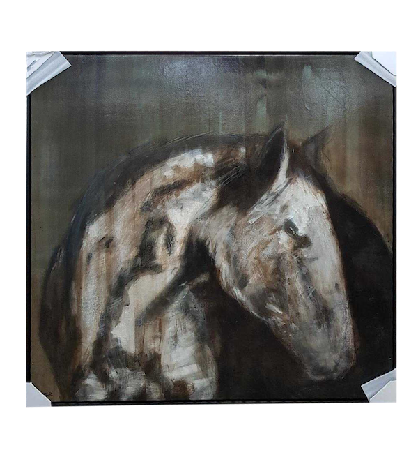 An original horse acrylic painting painted on canvas that has been stretched and framed in a black floater frame.