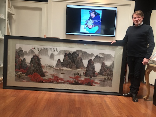 A large Chinese watercolour framed in a black timber frame part of our Bellini collection with perspex.