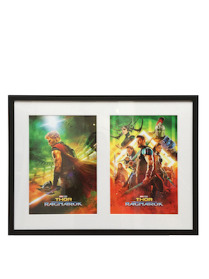 2 Thor movie posters printed by Mahoneys and framed in a black timber frame with a mat board surround for the launch of the 2017 Thor movie Ragnarok.