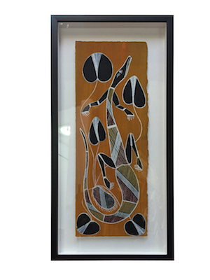 An Aboriginal painting on paper that has been floated and raised on a mat board with a black box timber frame.