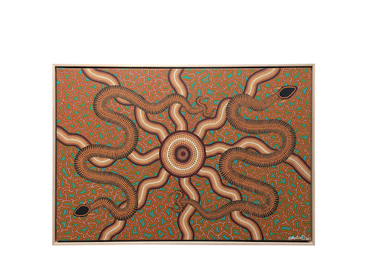 A beautiful Aboriginal painting on canvas stretched and framed in a Tasmanian oak floater frame.