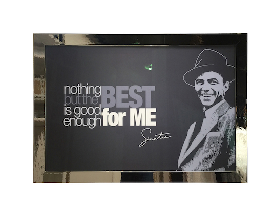 A Frank Sinatra poster framed in silver metallic frame with non reflecting Art glass.