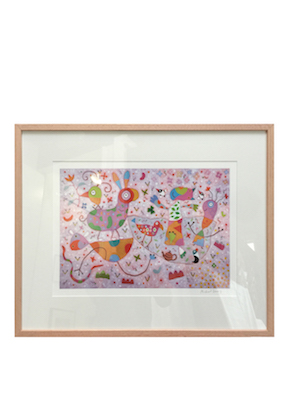 A signed Michael Leunig print framed in a Tasmanian oak box frame with a mat board surround.
