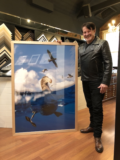 Greg Mahoney with a large print framed in a wide Tasmanian oak frame with glass.