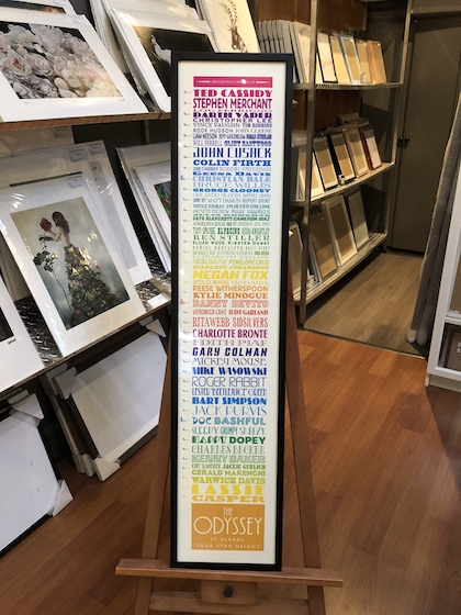 A unique print of celebrity heights framed in a black box timber frame with an acrylic front.