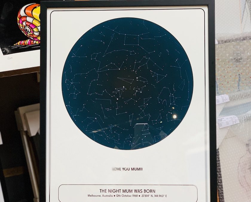 A star birth map framed in a black timber frame with glass.