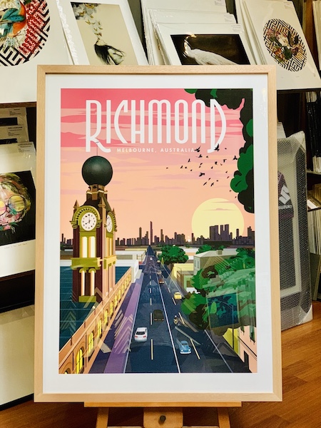 A Richmond poster framed in a pine box frame with glass.