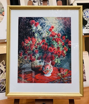 A beautiful still life print framed in a shaped gold frame with a mat board surround and UV glass to prevent the print from fading.