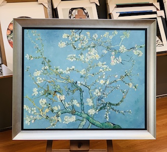 A truly beautiful painting on canvas inspired by Vincent Van Gogh framed in a Melbourne designed curved silver leaf frame with a black inner frame. We stretched the painting on to a timber stretcher frame prior to framing