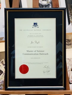An ANU Master of Science certificate framed in a black and gold frame with a double mat surround and UV glass which will stop the certificate from fading