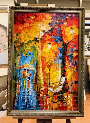 This is a vivid, very textured oil painting that we have stretched on to a timber stretcher frame and then framed in one of our beautiful gold ornate frames