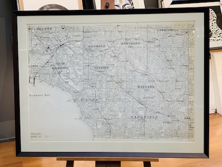 A very old map of Melbourne that we framed in with UV glass to prevent the mat from fading and a black frame and mat surround