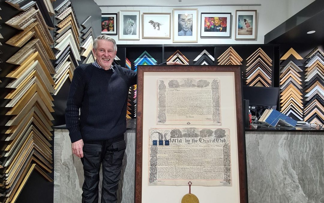 Custom picture frames are often perfect for commemorative pieces like recognition awards, and special documents such as this original copy of the steel processing patent. This Victorian-style black and gold frame was paired with Museum glass to protect it from fading and then delivered to a very satisfied client.